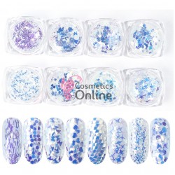 Decoratiuni pentru unghii DC037 din paiete Albe cu reflexii combinate, set 8 bucati